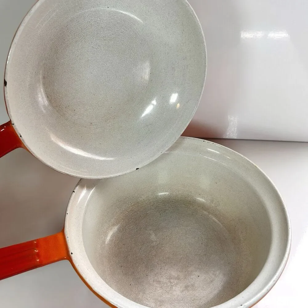 Vintage Descoware Enameled Cast Iron Flame-Orange Saucepan And Skillet-Lid Combo